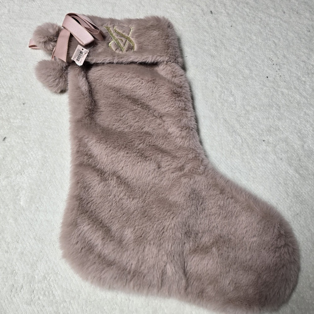 Victoria's Secret‎ Mauve Pink W/ Gold Trim Faux Fur Christmas Stocking New